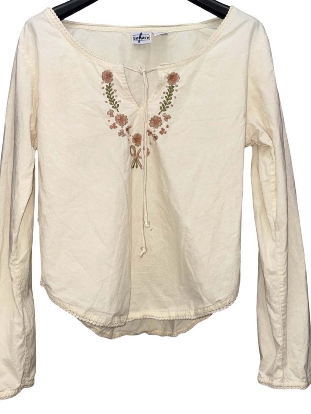 Beware | Cream Embroidered Boho Tie-Front Tunic Top